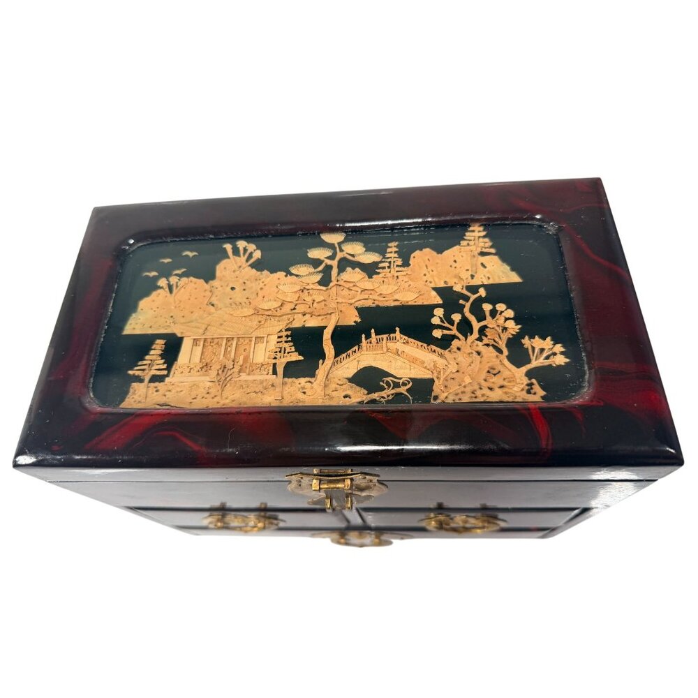 Vintage Oriental Wood Laquer Jewelry Box Red Silk Lining Mirror Carved Top - Picture 3 of 16
